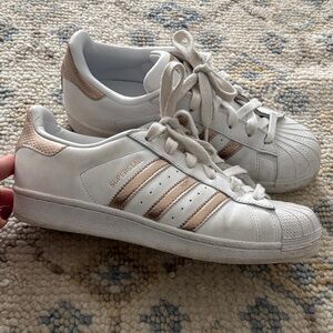 Adidas White and Gold Superstar Sneakers